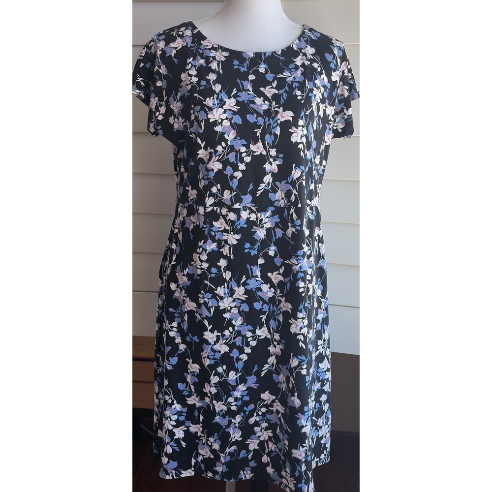 J. Jill Wearever Cap Sleeve Black Floral Print Shift Dress S Stretch Pockets EUC
